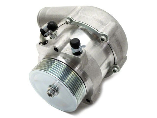 Silver HKS GT supercharger unit for Nissan 350Z VQ35DE, featuring a polished metal finish and ribbed pulley.