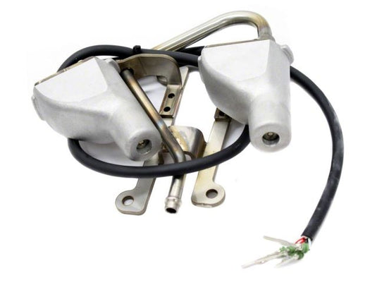 HKS Supercharger kit components for Nissan 350Z VQ35DE, featuring silver cast parts, steel piping, and black hoses.