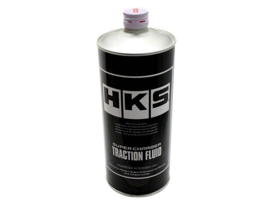 HKS traction fluid for Nissan 350Z VQ35DE supercharger kits; a black metal bottle with white branding.