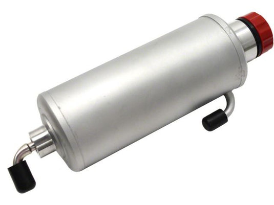 Silver HKS supercharger oil reservoir for Nissan 350Z VQ35DE with red cap and black port covers.