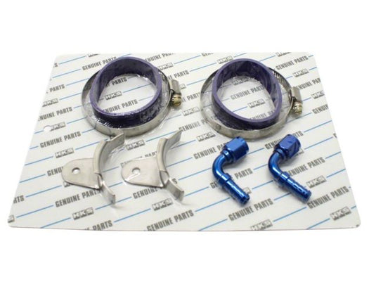 HKS supercharger kit components for Nissan 350Z (VQ35DE) including blue hose clamps, metal brackets, and blue fittings.