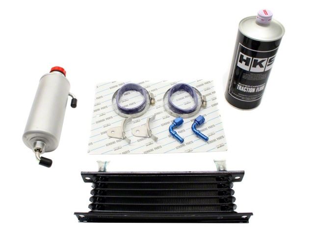 Load image into Gallery viewer, HKS GT Supercharger kit parts for Nissan 350Z VQ35DE, including oil cooler, traction fluid, and fittings.
