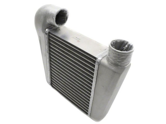 HKS GT Supercharger intercooler for Nissan 350Z VQ35DE. Silver aluminum finish with protective port covers.