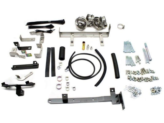 HKS GT supercharger hardware kit for Nissan 350Z VQ35DE, including metal brackets, fasteners, and hoses.