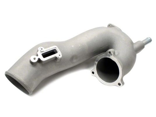 HKS supercharger intake pipe for Nissan 350Z VQ35DE. Matte silver cast metal finish with machined mounting flanges.