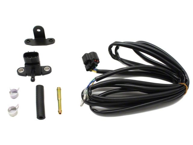 Load image into Gallery viewer, HKS supercharger sensor and wiring harness kit for Nissan 350Z VQ35DE, including black sensor, hose, and clips.
