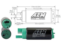 AEM 340LPH E85-COMPATIBLE HIGH FLOW IN-TANK FUEL PUMP with measurements and logo