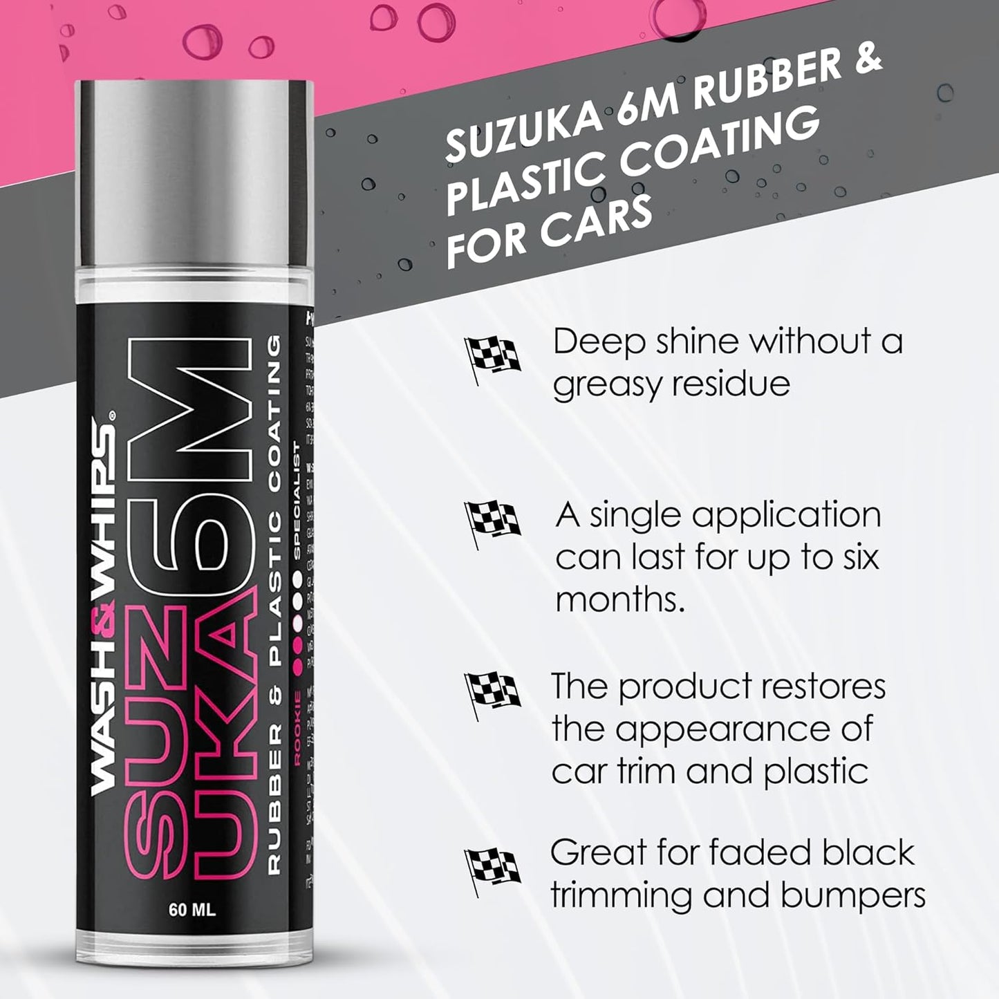 WASH&WHIPS Suzuka 6M Rubber & Plastic Coating for Cars, Restores and Brings Back Black - Concentrated Formula Non-Greasy, 60ml