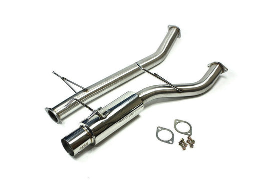 ISR Performance GT stainless steel single exhaust for Nissan R32 GTS-T with flanges and mounting hardware.