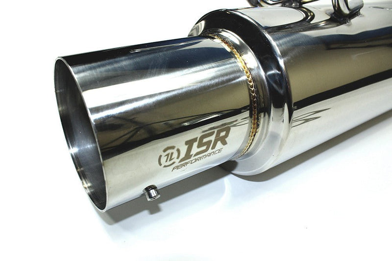 Load image into Gallery viewer, Shiny stainless steel ISR Performance GT single exhaust muffler for Nissan R32 Skyline GTS-T with visible weld.

