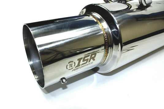 Shiny stainless steel ISR Performance GT single exhaust muffler for Nissan R32 Skyline GTS-T with visible weld.
