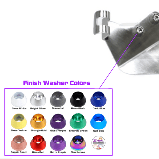 Polished ZSPEC fuel filter bracket for '90-96 Nissan Z32, shown with various colored finish washer options.