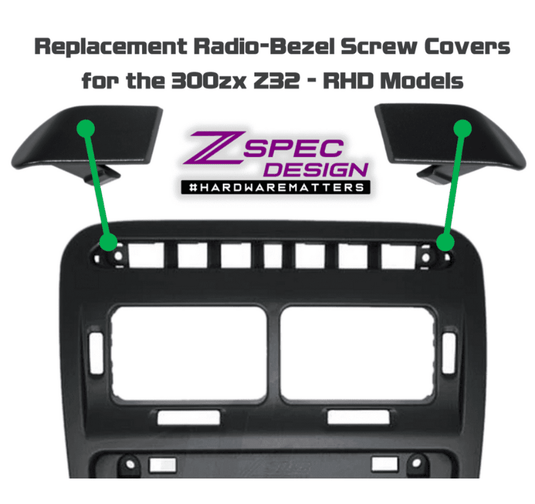 ZSPEC black radio bezel screw covers for Nissan 300zx Z32 RHD. Pair of new plastic caps shown with install diagram.