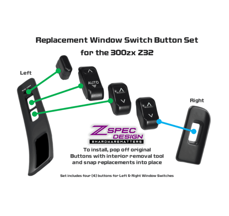 Load image into Gallery viewer, ZSPEC black non-illuminated window switch button set for Nissan 300zx Z32, showing installation points.
