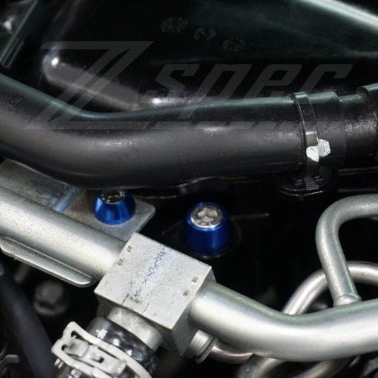Blue ZSPEC fastener kit installed in an '17-'20 Infiniti Q50/Q60 engine bay.
