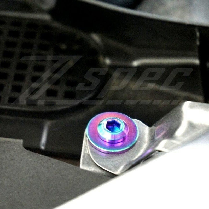 Cargue la imagen en el visor de la galería, Titanium ZSPEC fastener bolt installed on Infiniti Q50/Q60 VR30DDTT engine, featuring a blue and purple burnt finish.
