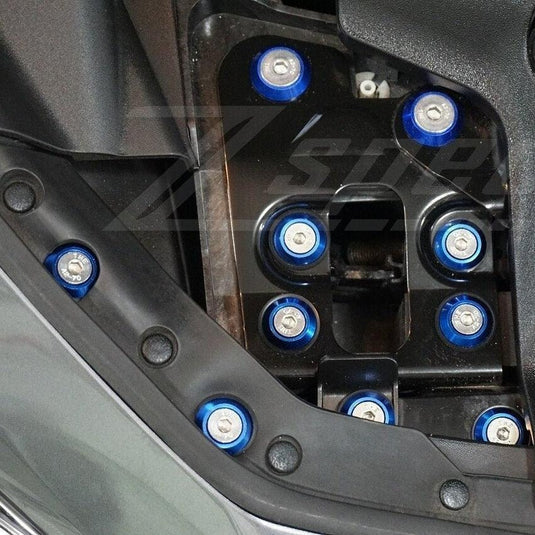 Blue ZSPEC bolt kit installed on 2017-2020 Infiniti Q50/Q60 engine bay components.