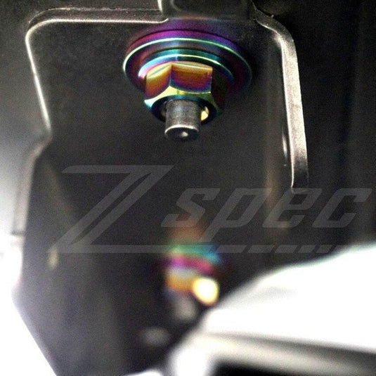 ZSPEC titanium fastener kit for Infiniti Q50/Q60, featuring iridescent blue and gold finish installed on engine bay.