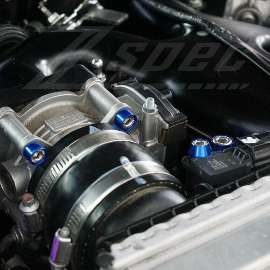 ZSPEC blue billet fastener kit installed on a '17-'20 Infiniti Q50/Q60 engine bay.