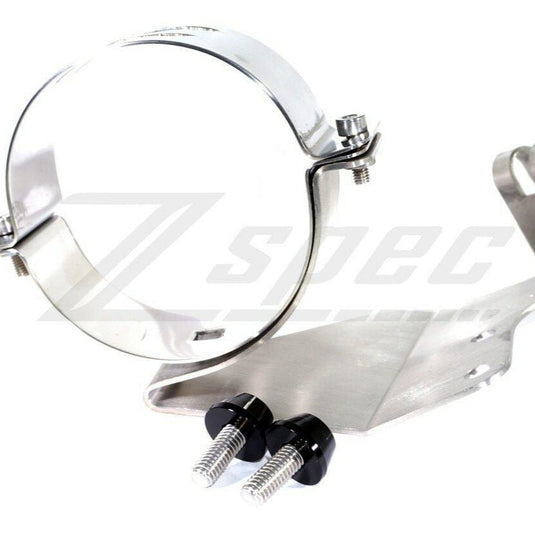 Polished ZSPEC LHD fuel filter bracket for '90-96 Nissan Z32 300zx with included black hardware.