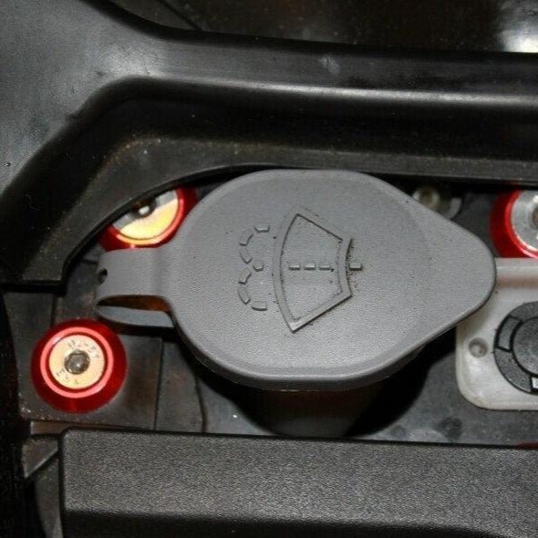 Cargue la imagen en el visor de la galería, ZSPEC Dress Up bolt kit installed in a Nissan 370z Z34, featuring red billet washers and stainless steel hardware.
