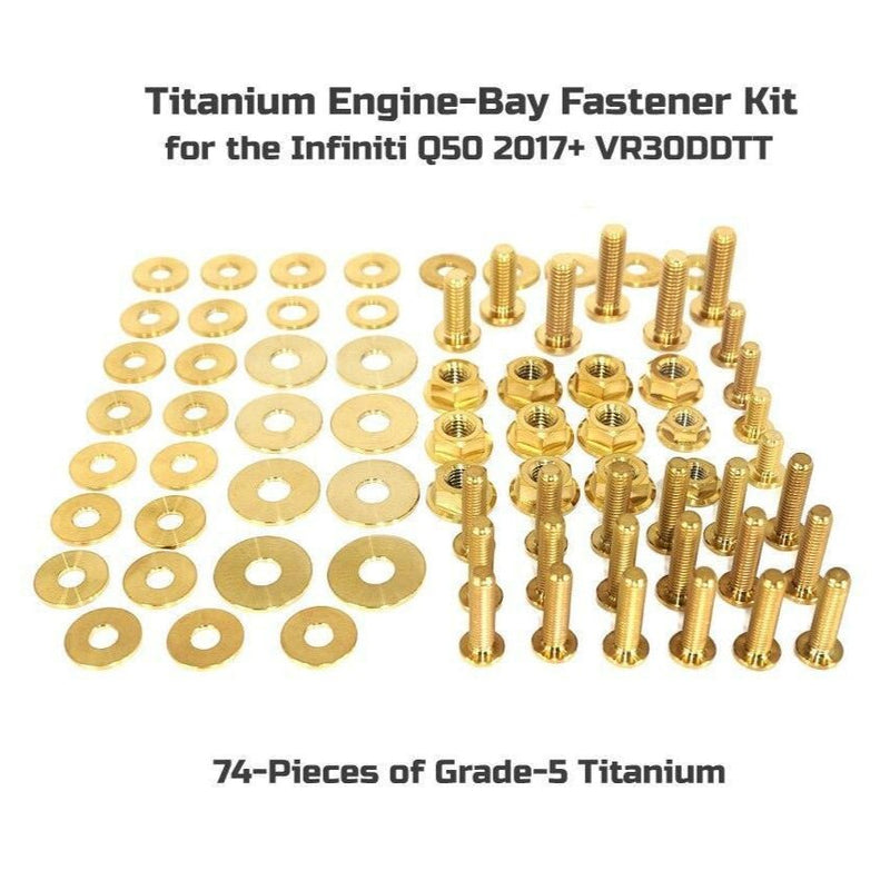 Cargue la imagen en el visor de la galería, ZSPEC gold titanium engine bay fastener kit for 2017+ Infiniti Q50/Q60 VR30DDTT, featuring 74 pieces of hardware.
