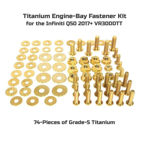 ZSPEC gold titanium engine bay fastener kit for 2017+ Infiniti Q50/Q60 VR30DDTT, featuring 74 pieces of hardware.