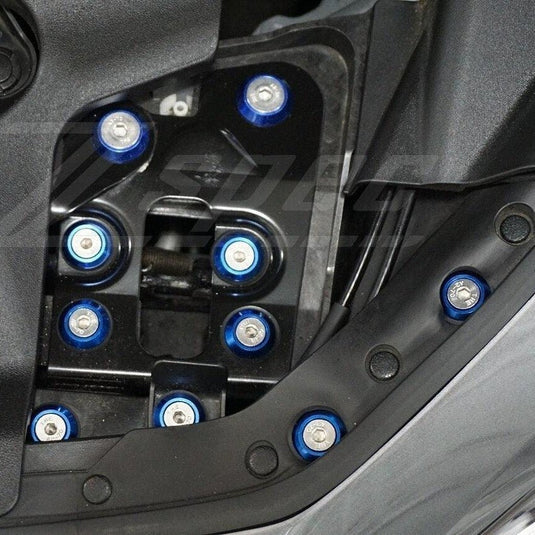 ZSPEC blue billet fastener kit installed on 2017-2020 Infiniti Q50/Q60 engine bay components.