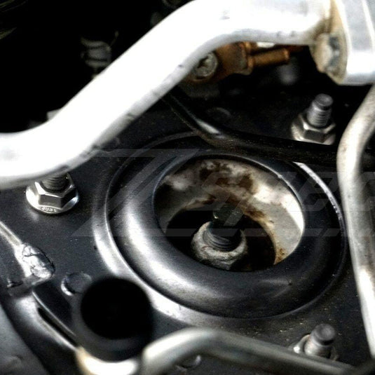 ZSPEC stainless fastener kit installed on Infiniti Q50/Q60 VR30 engine strut tower, featuring silver hardware.