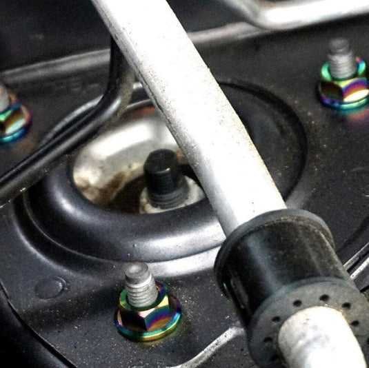 ZSPEC iridescent titanium fastener kit installed on Infiniti Q50/Q60 VR30DDTT engine bay strut tower.