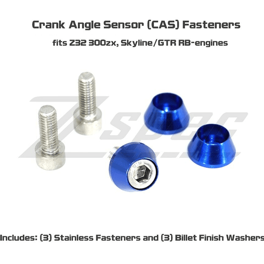 ZSPEC blue billet washer and stainless bolt kit for Nissan Z32 and Skyline GTR Crank Angle Sensors.