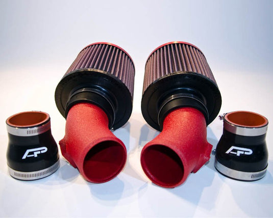 Agency Power short ram intake for Nissan R35 GTR featuring red pipes, black filters, and AP-branded couplers.