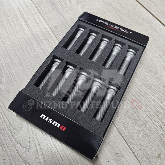 Nismo silver 13x50mm front wheel studs for Nissan Skyline R32, R33, and R34 in original foam packaging.