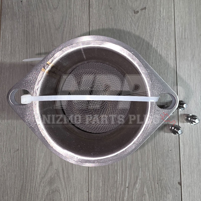 Load image into Gallery viewer, Titanium high-flow catalyst for RB26DETT (R32/R33/R34). Silver metallic finish, includes zip tie and small bolts.
