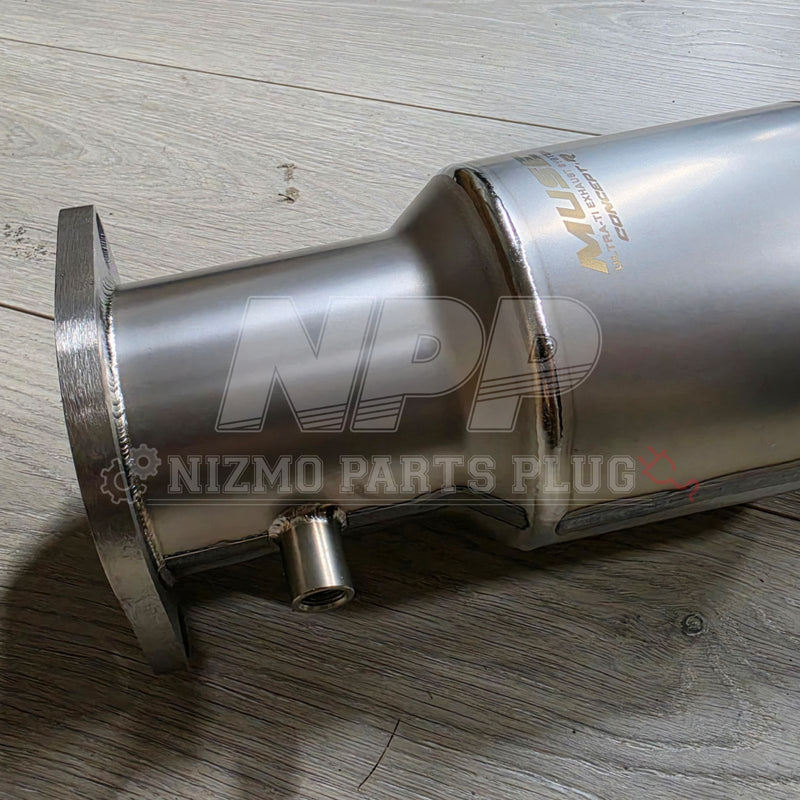 Load image into Gallery viewer, Silver Muse titanium high-flow catalyst for Nissan RB26DETT, featuring polished metal finish and O2 sensor port.
