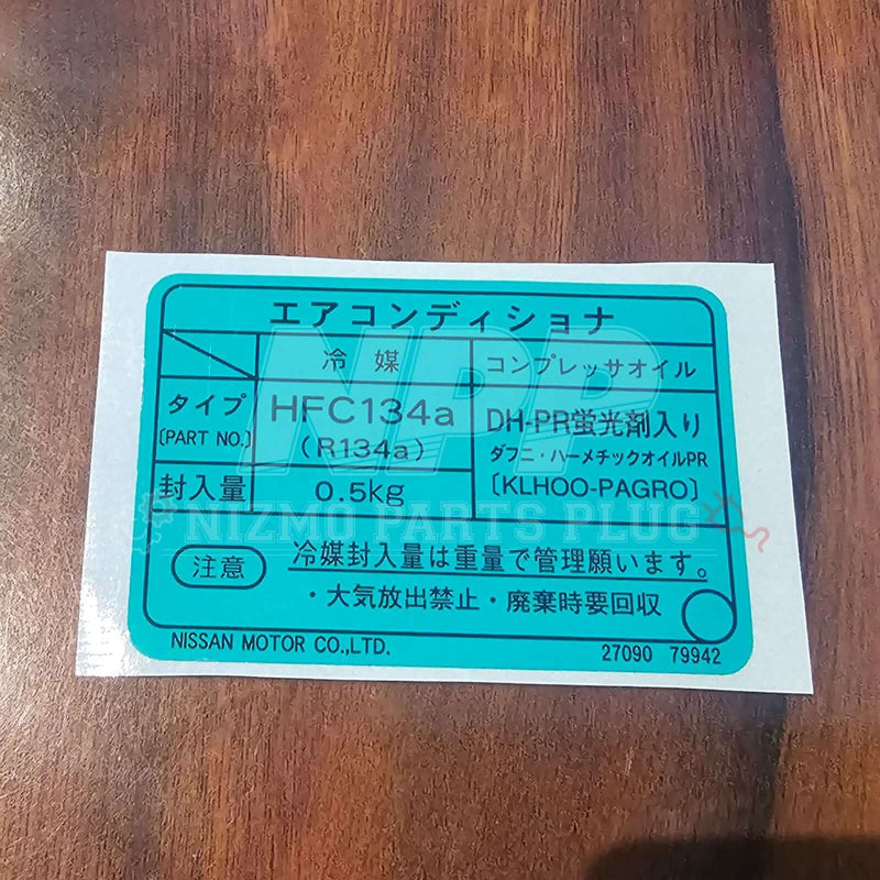Load image into Gallery viewer, Nissan Skyline R33/34 GTR Air Conditioner Label Decal (Late Model) featuring HFC134a specifications.
