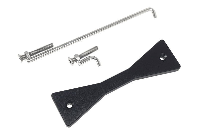 ギャラリービューアに画像をロードする, ZSPEC black billet battery hold-down bracket with stainless hardware for Nissan GTR R35 on a white background.
