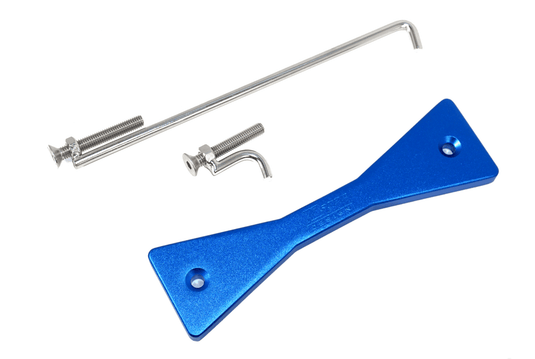 Blue billet aluminum ZSPEC battery hold-down bracket for Nissan R35 GTR with stainless steel hardware.