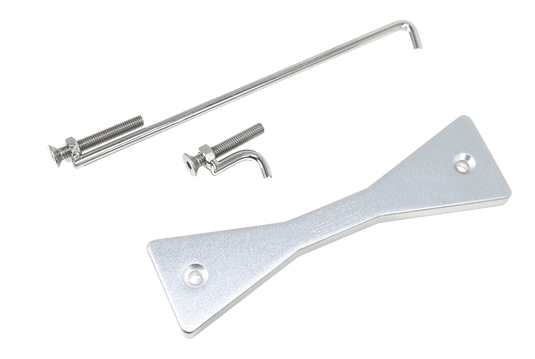 ZSPEC billet battery hold-down for Nissan GTR R35 with stainless steel hardware on a white background.