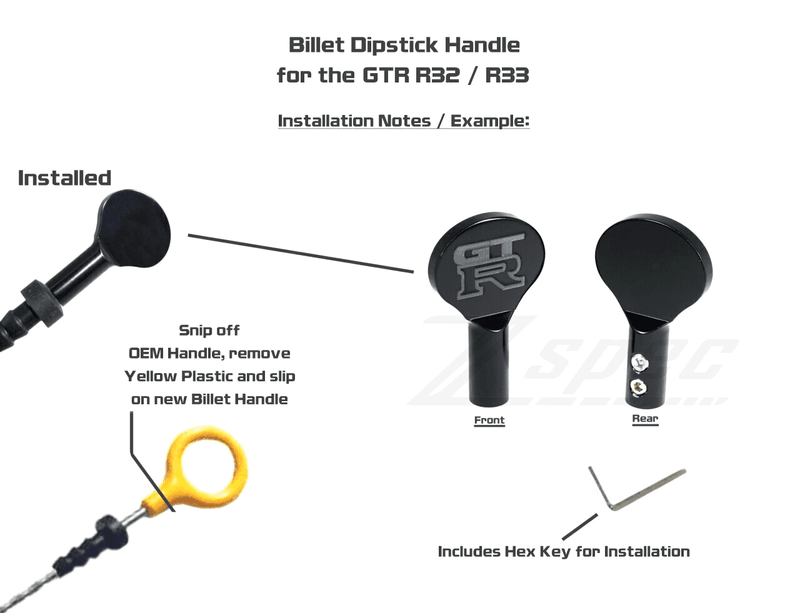 Load image into Gallery viewer, Black billet dipstick handle for Nissan GTR R32/R33 with GTR logo, mounting screws, and installation hex key.
