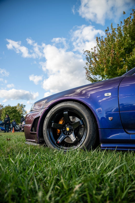 Midnight Purple 3 R34 Skyline GTR parked on grass with a clear blue sky and trees in the background