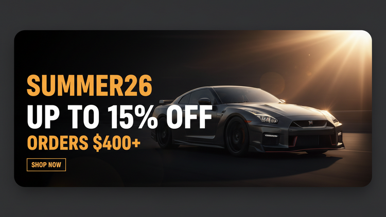 A promotional banner featuring a dark sports car on a dark background with dramatic spotlighting. Large text reads 'SUMMER26 UP TO 15% OFF ORDERS $400+' with a 'SHOP NOW' button.