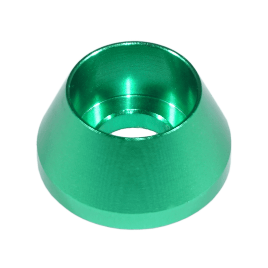 Green anodized aluminum conical finishing washer for Nissan Z32 300ZX engine bay dress-up hardware.