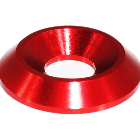 Red anodized billet aluminum dress-up washer for Nissan 370z Z34 fastener kit.