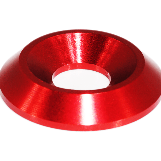 Red anodized billet dress-up bolt finisher washer for Infiniti G37/Q50 VQ37 engine bay.