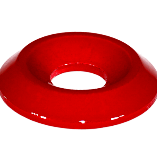 Red ZSPEC billet dress-up bolt washer for Nissan Z RZ34. Shiny finish, circular, low-profile design.