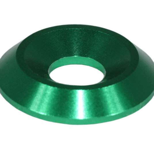 Green billet aluminum dress-up bolt washer for Nissan Z RZ34. Shiny, new circular hardware component.