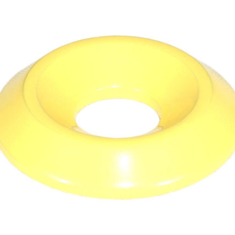 Cargue la imagen en el visor de la galería, Bright yellow ZSPEC billet fastener washer for Nissan 370z Z34, isolated on white.
