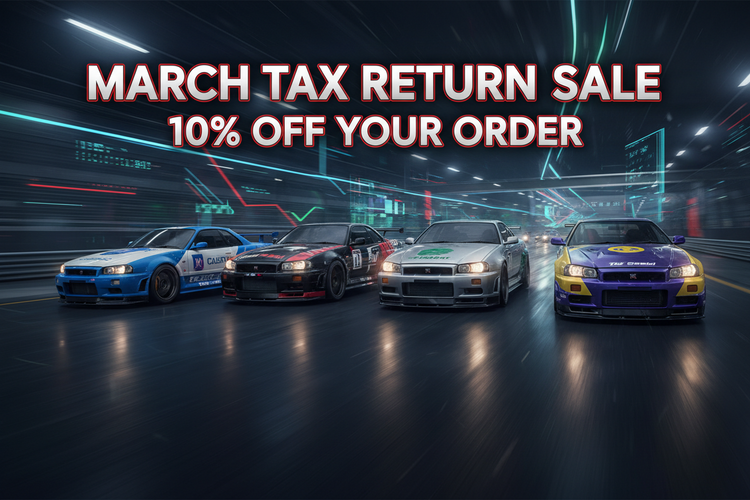 Four racing cars on a track with promotional text for a March tax return sale.