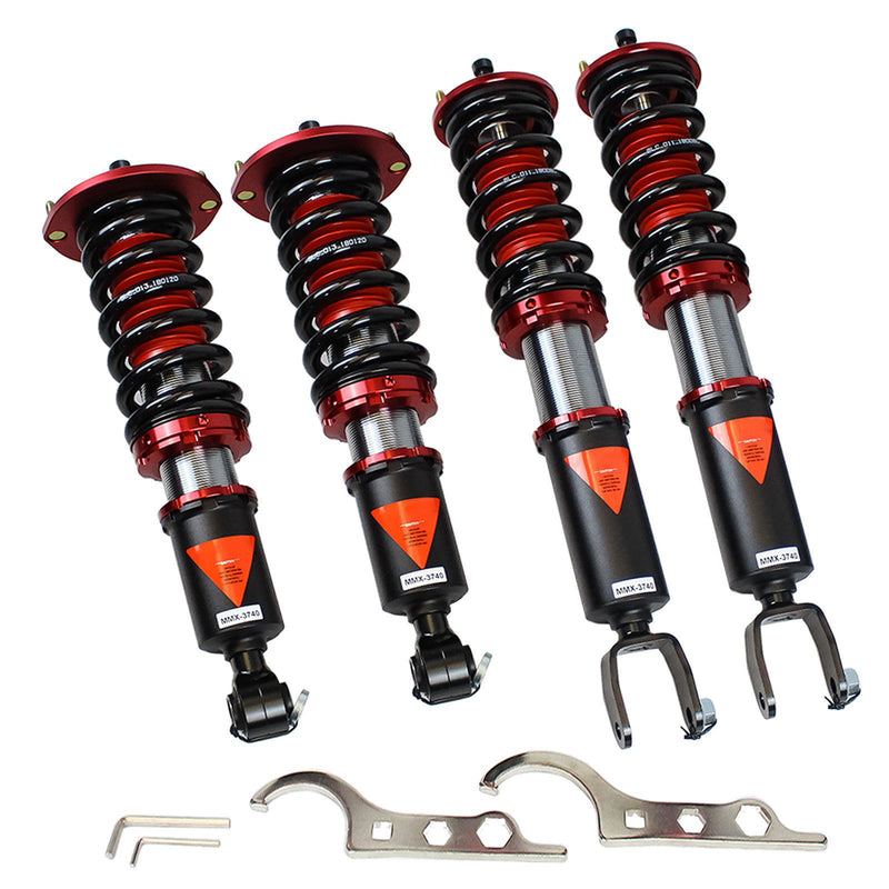 Load image into Gallery viewer, Godspeed red and black coilovers for Nissan Skyline GT-R R32 with adjustment wrenches.
